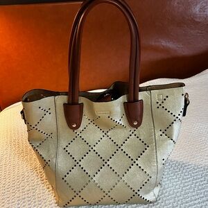 Louenhide Perforated Gold Tote Bag with Brown Handles-Vegan Leather